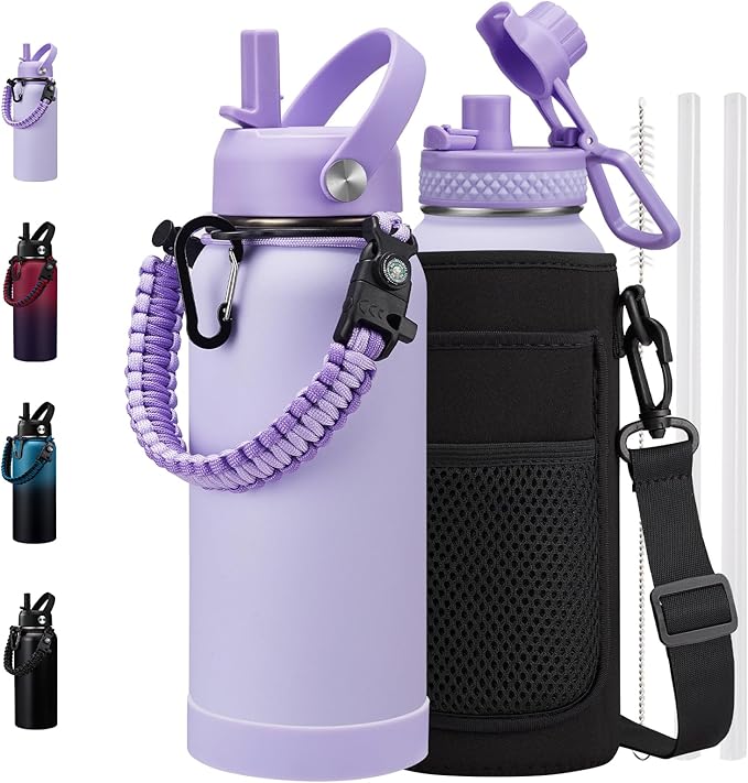 32 oz Insulated Water Bottle with Straw - Pop-up Spout Lid, Paracord Handle, Carrier Bag with Strap, Leak Proof Stainless Steel Water Bottle 32oz, Cold Flask Jug for Traveling Hiking
