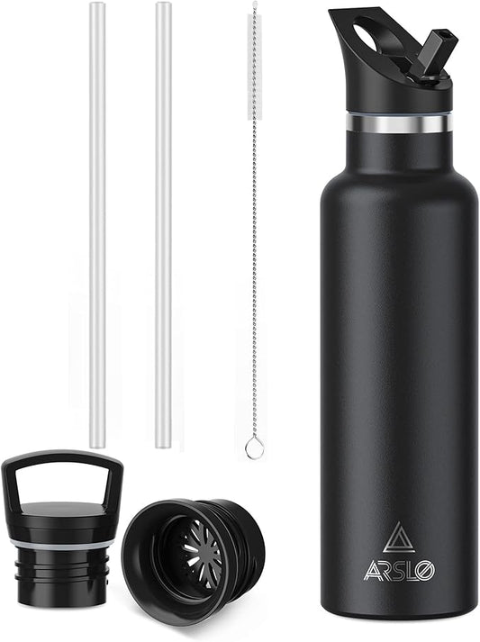 Stainless Steel Water Bottle with Straw - Insulated Water Bottle for Sports, Gym, School, Commute, Adults/Kids - Keep Cold for up to 24 Hours - Sweat/Leak-proof - 2 Lids - BPA Free