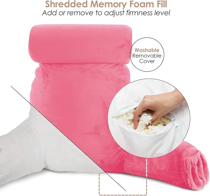 Nestl Reading Pillow Large Bed Pillow, Back Pillow for Sitting in Bed Shredded Memory Foam Chair Pillow, Reading & Bed Rest Pillows Light Pink Back Pillow for Bed, Bed Chair Arm Pillow with Pockets