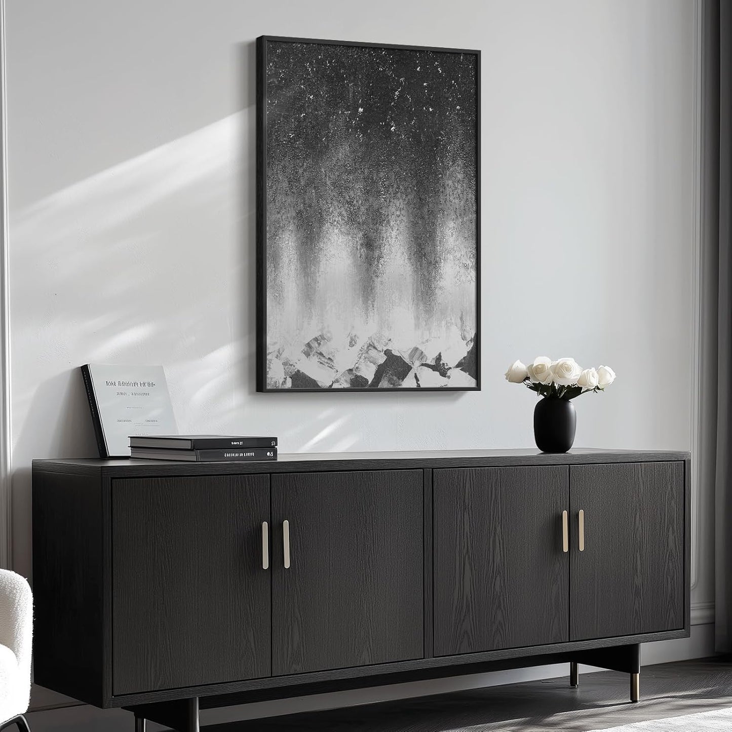 Framed Black and White Abstract Wall Art, Modern Large Canvas Paintings Artwork for Walls, Minimalist Abstract Starry Night Art Prints Pictures for Living Room Hallway Bedroom Office Bathroom Wall Decor 24x36 Inch