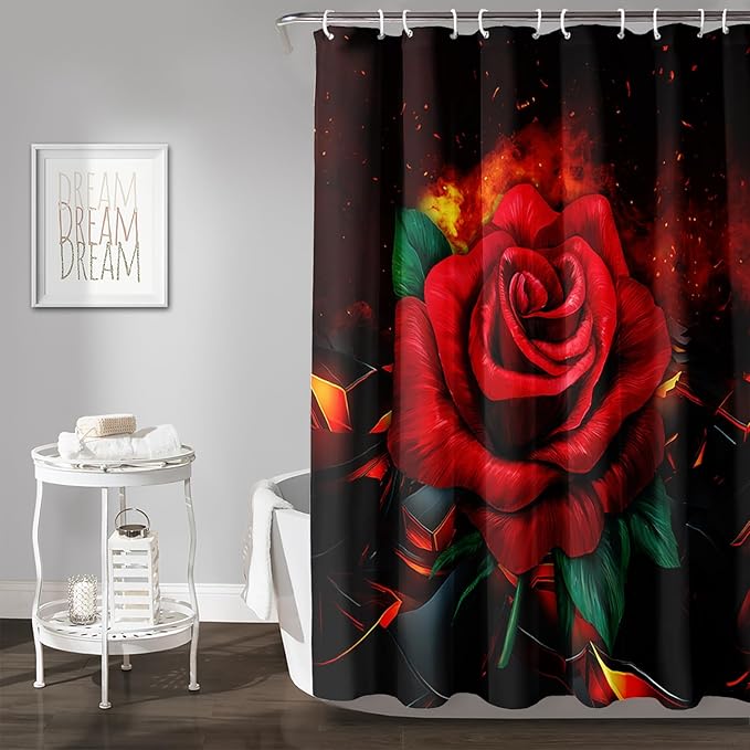 AILONEN Red Rose Shower Curtain for Bathroom, 3D Print Romantic Flower Bath Curtain,Modern Botanical Flame Fire Rose Flower Waterproof Shower Curtain Decoration with 12 Plastic Hooks, 48" W*72" H