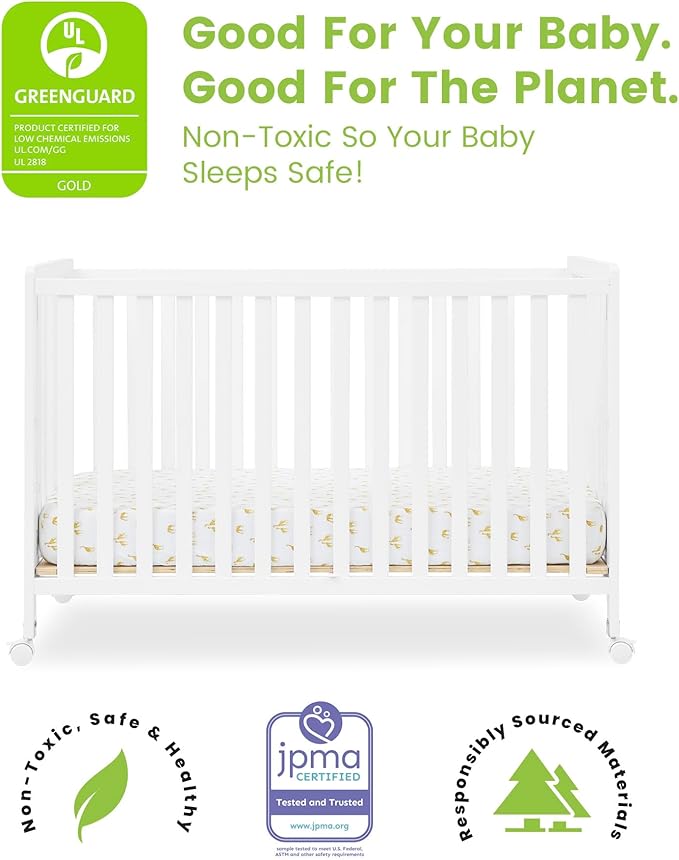 Delta Children Simmons Kids Aria Full Size Portable Folding Crib - Greenguard Gold Certified, Bianca White