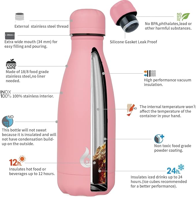 BJPKPK Stainless Steel Water Bottles 12oz Insulated Water Bottle Travel Sports Water Bottles,Light Pink