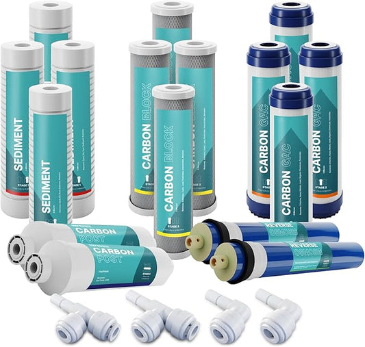 NU Aqua Reverse Osmosis Water Filter System Replacement Set - 5 Stage 2 Year Under Sink Kit - Includes Membrane, Sediment, Carbon Filters, Parts & Fittings - Universal RO Filtration Cartridge Pack