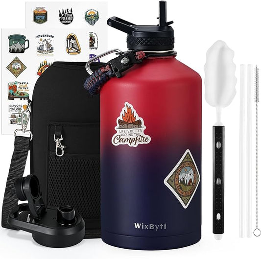 One Gallon Water Bottle Insulated, Triple Wall Vacuum Cold for 48 Hrs & Leak-proof & Non-BPA, 128oz Large Sports Stainless Steel Water Jug with Paracord Handle Straw Spout Lids & DIY Stickers