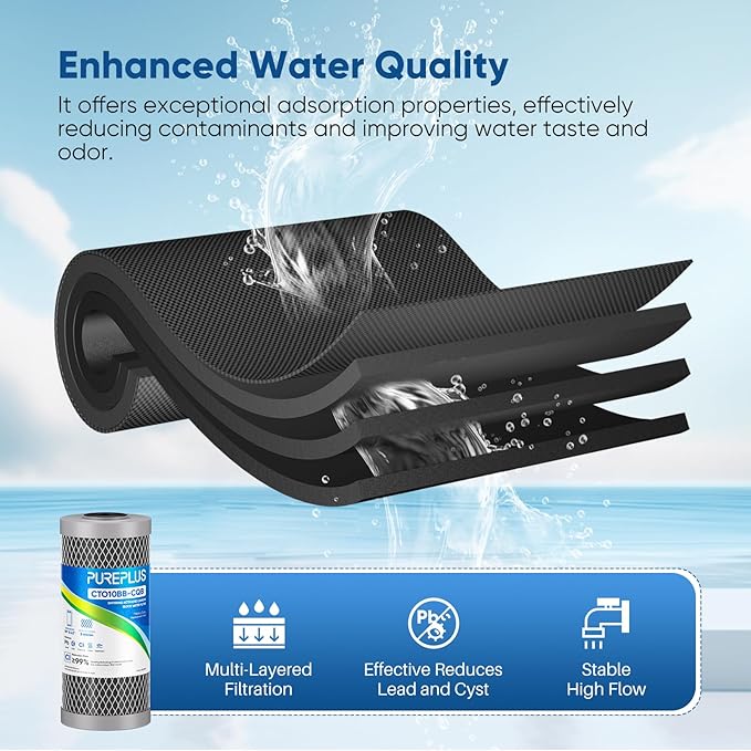 PUREPLUS 5 Micron 10" x 4.5" Whole House Lead Removal Water Filter, Enhanced Coconut Shell Activated Carbon Water Filter, Replacement Cartridge, CTO10BB-CQB, 2 PACK