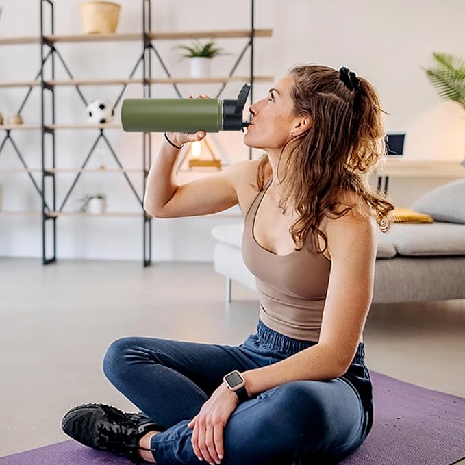 Stainless Steel Water bottle with Straw & Wide Mouth Lid, Wide Rotating Handle, 24oz Double Wall Vacuum Insulated Water Bottle Leak Proof, BPA Free, Keep Cold and Hot, 24oz, Army Green