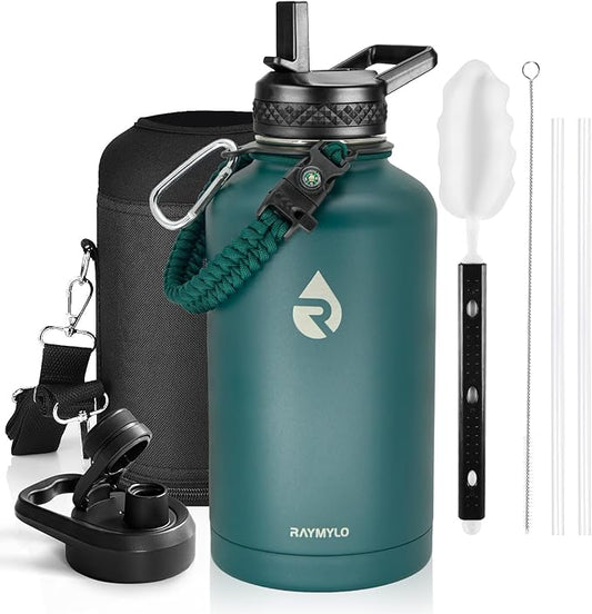 Insulated Water Bottle 64 oz, Triple Wall Vacuum Stainless Steel (Cold for 48 Hrs), Leak Proof & Non-BPA, Half Gallon Water Flask Jug with Paracord Handle & Straw Spout Lids, Dark Green