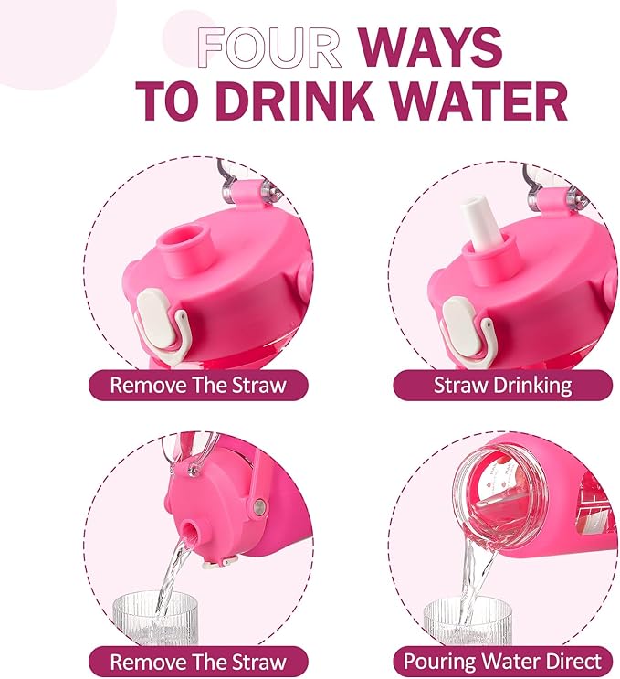 kytffu 42oz Glass Water Bottles with Straw, Motivational Glass Bottle with Silicone Sleeve and Time Marker, Leakproof Large Glass Water Jug for Gym Home Office,Rose red