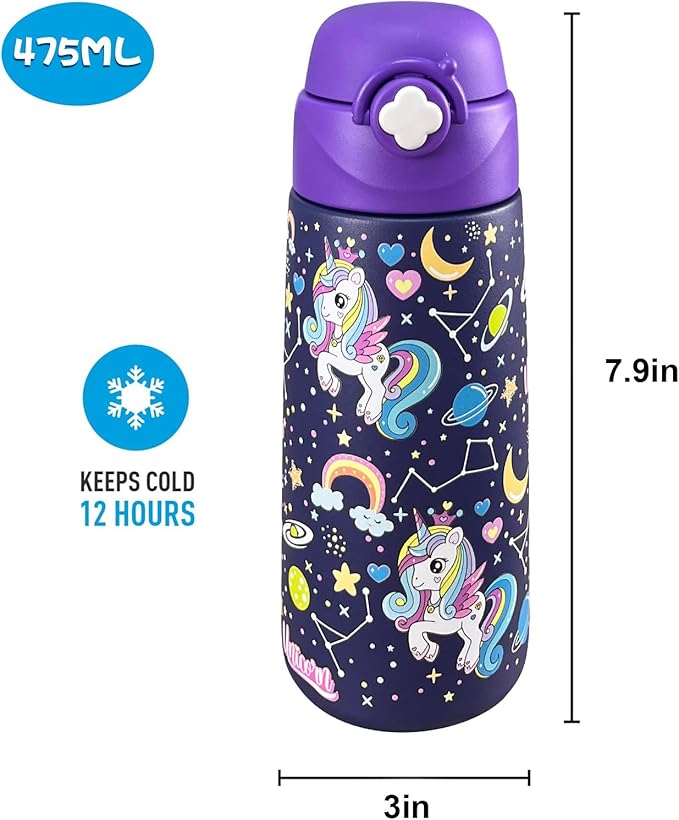 Kids Insulated Water Bottle with Covered Pop-Up Straw,16oz Kids Cups with Stainless Steel Leak Proof for School Boys Girls（Purple Unicorn-2）