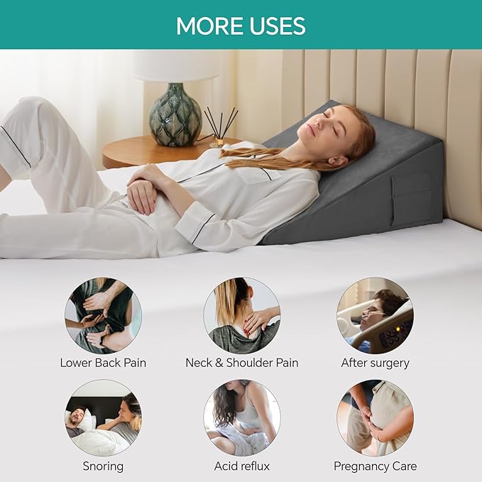 Bed Wedge Pillow for Sleeping, 12 Inch Memory Foam Wedge Pillow Post Surgery, Triangle Pillow Wedge, Elevated Support Pillows for Sleeping, Acid Reflux & Snoring - Removable Washable Cover