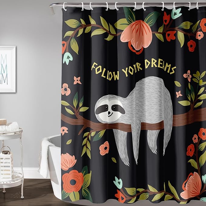 AILONEN Kawaii Sloth Shower Curtain for Bathroom Decor,Floral Sloth Bath Curtain for Kids Boys Girls,Polyester Waterproof 72" W*72" H with 12 Plastic Hooks