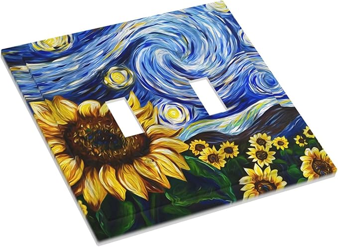 Vintage Abstract Blue Starry Sunflower Double Toggle Light Switch Covers 2 Gang Wall Plate Dual Decorative Switchplate Electrical Faceplate for Farmhouse Country Bedroom Decor