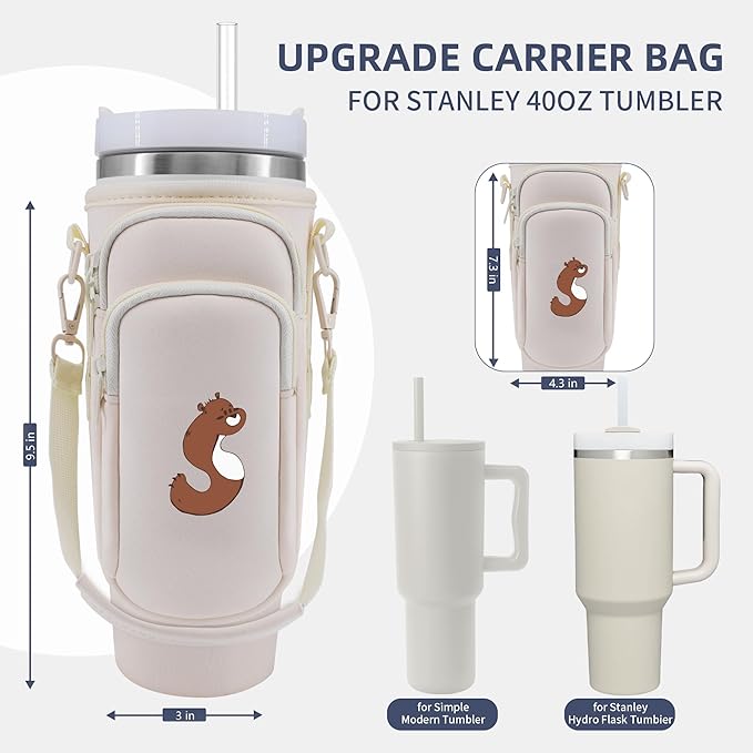 Water Bottle Carrier Bag with Phone Pocket for Stanley 40 oz Tumbler Neoprene Water Bottle Holder Pouch with Adjustable Strap Bollus with Straw Cover & Carabiner for Stanley Cup Accessories