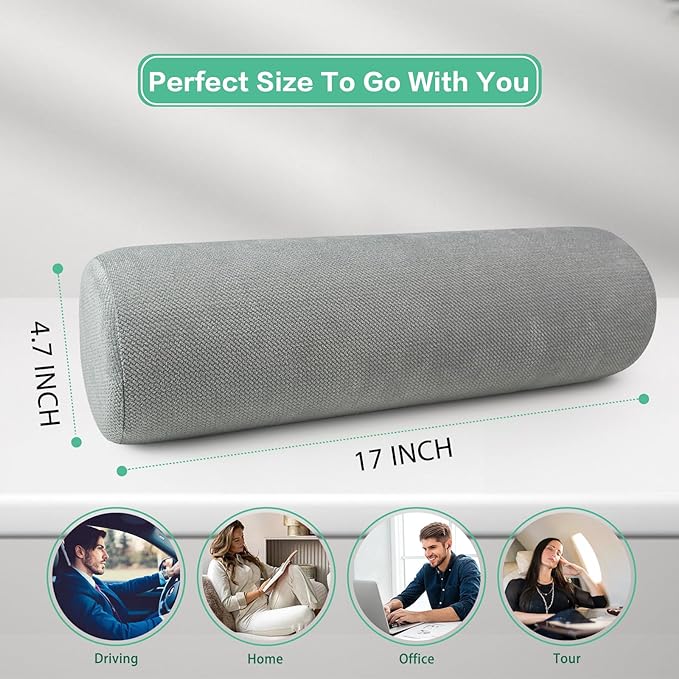 Cervical Neck Roll Foam Pillow, Round Neck Support for Sleeping, Bolster Pillow for Bed, Legs, Back and Yoga, Removable Washable Cover, 4.7 Inch Diameter x 17 Inches Long (Grey)