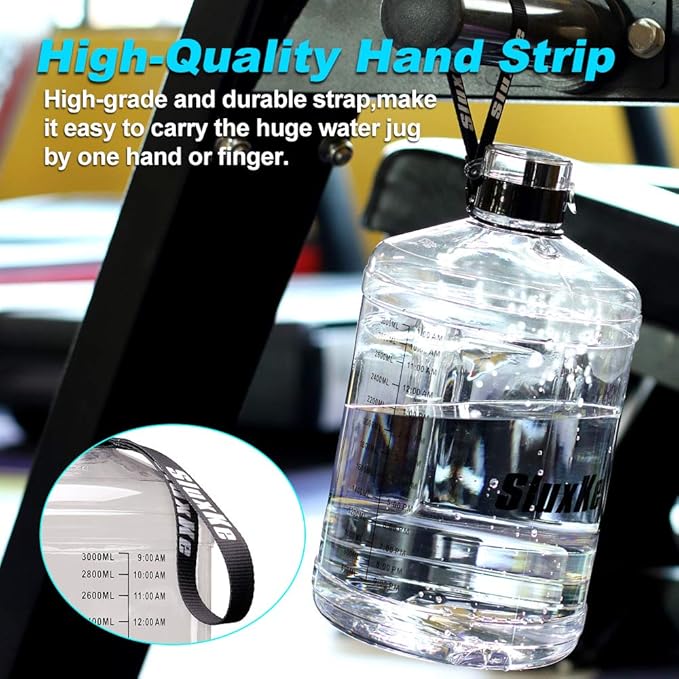 Gallon Big Water Bottle with Handle, 128oz Leakproof BPA Free Fitness Sports Water Bottle with Motivational Time Marker & Wide Mouth Ensure You Drink More Water