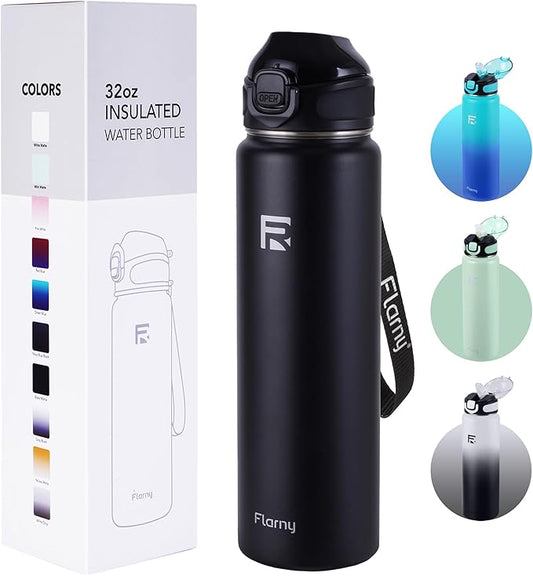 32 oz Insulated Water Bottle with Straw, Stainless Steel Metal Thermos Bottles, Durable Non-Slip Gradient Bottle with Strap for Sports and Travel, Leak Proof (Black Matte)