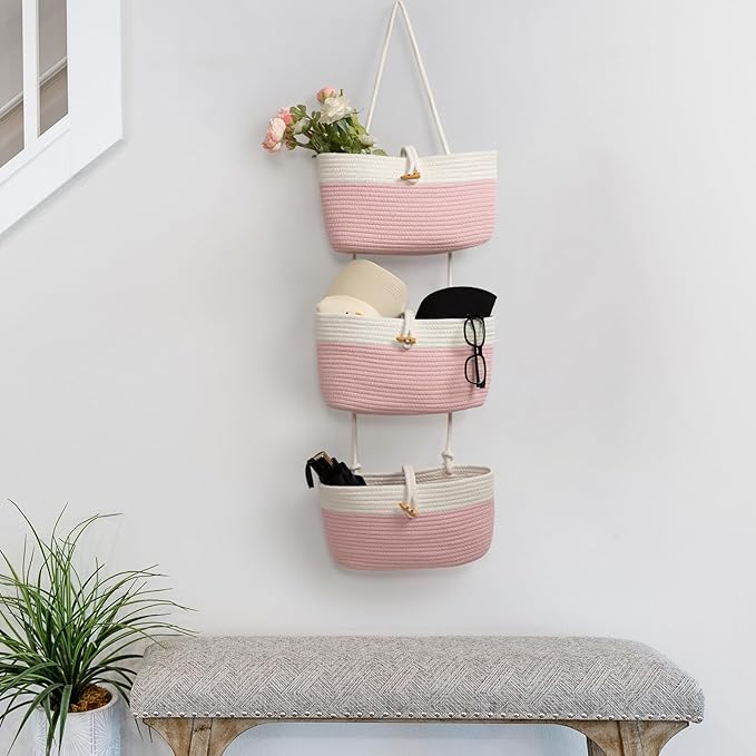 TeoKJ Over The Door Hanging Baskets with Button Strap, 3-Tier Woven Cotton Storage Organizer Bag, Wall-Mounted with Hook Decorative Hanging Nursery Baskets - Pink+White