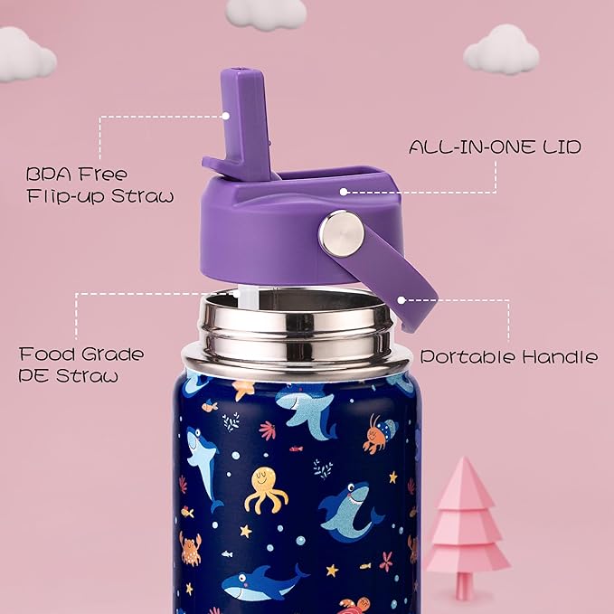 Kids Insulated Water Bottle, 2 Pack 12oz Shark & Dinosaur Water Bottles Bulk with Flip Straw & Big Handle, Gifts for Kids Girls to School Travel Sports, Hands Wash Only, Purple & Pink