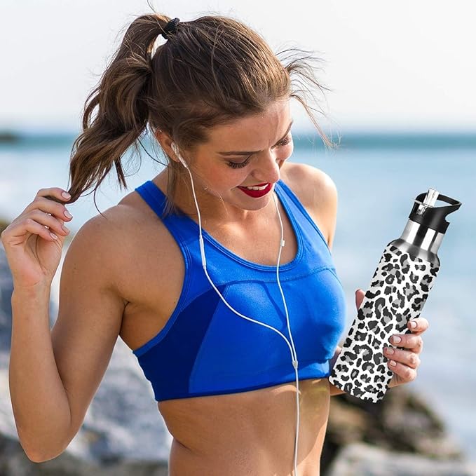 Qilmy Black and White Leopard Water Bottle Vacuum Insulated Stainless Steel Water Bottles with Straw Lid Leakproof Wide Mouth Water Flask for Fitness Outdoor Sports, 20 oz