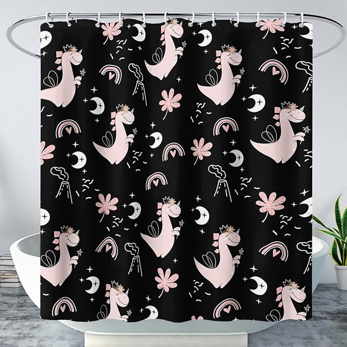 AILONEN Cute Dinosaur Shower Curtain,Cartoon Dinosaur Bath Curtain Gifts for Kids,Polyester Waterproof for Bathroom, 48" W*72" H with 12 Plastic Hooks