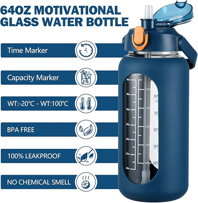 kytffu 64oz Glass Water Bottles with Straw, Half Gallon Motivational Glass Bottle with Silicone Sleeve and Time Marker, 2L Leakproof Large Glass Water Jug for Gym Home Office,Blue