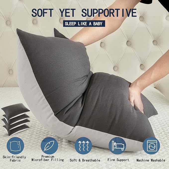 Bed Pillows for Sleeping - Pillows Queen Size Set of 4 Cooling Luxury Hotel Quality Pillow with Premium Plush Soft Down Alternative Fill for Side Back or Stomach Sleepers - Grey, 4 Pack