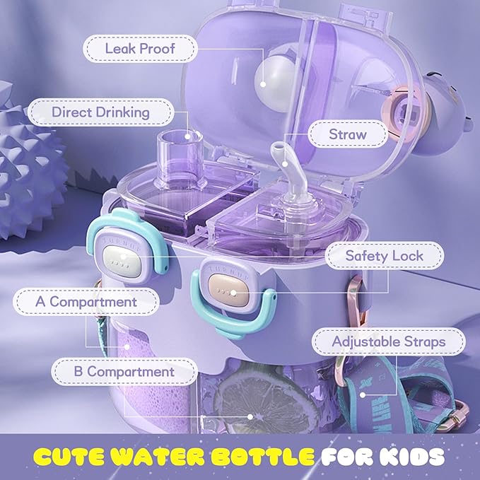 Cute Water Bottle for Kids: 26oz Kawaii Water Bottle for Girls, Funny Bear Water Bottles with Straw and Strap, Dual Compartments Leak-proof Plastic Drinking Cup for School Sport Travel (Yellow)