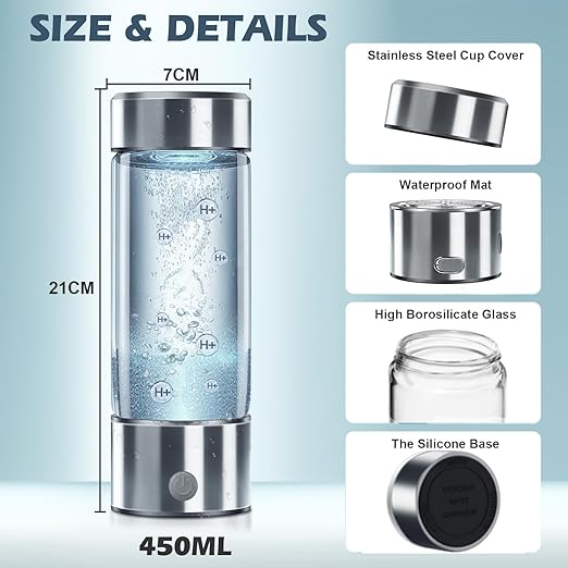Hydrogen Water Bottle 450ml Rechargeable Hydrogen Water Generator with PEM SPE Technology Hydrogen Water Machine with Stickers 3Min Quick Electrolysis for Office Travel Daily Drinking Best Present