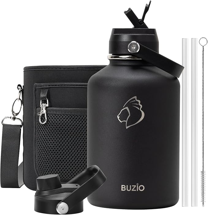 BUZIO 64oz Insulated Water Bottle, Half Gallon Stainless Steel Water Jug with Straw Lid and Carrying Pouch, Keep Cold 48H Double Wall Vacuum Lead-Free Metal Drinking Flask for Gym Beach, Black