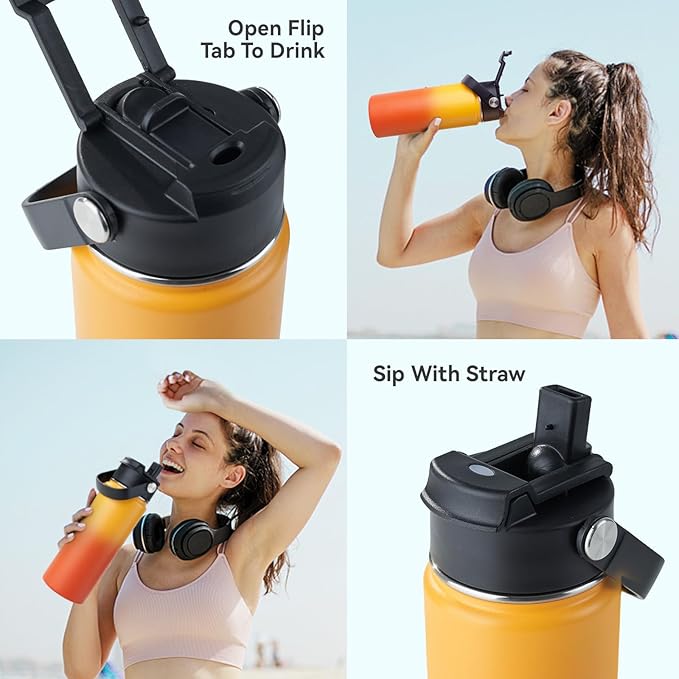 Kerilyn Stainless Steel Insulated Water Bottle, 18oz Double Wall Vacuum Insulated Water Bottle Leak Proof with Silicone Straw, Wide Mouth Lid, BPA Free, Keep Cold and Hot, 18oz, Orange Gradient