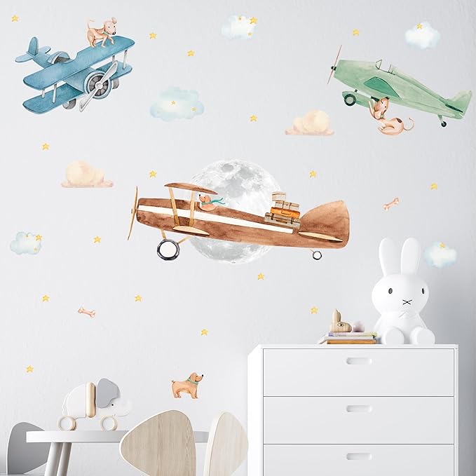 Large Airplane Wall Decals for Kids by Lipastick - 47 pcs Premium Kids Wall Stickers Aircrafts - Creative Nursery Wall Decal - Plane Vinyl Wall Decals for Baby Nursery Children Room Bedroom M Size