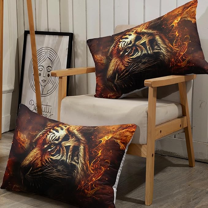 AILONEN Tiger Fitted Sheet Set Full Size, 3D Fire Animal Tiger Bed Sheet Wildlife Sheet Set,Teen Boys 3 Pieces Printed Safari Tiger Fitted Sheet with 2 Pillowcases
