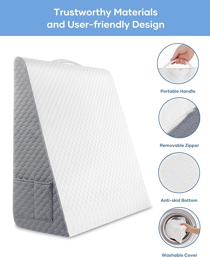 Forias Wedge Pillow 24 * 24 * 12in Bed Wedge Pillow for Sleeping After Surgery Triangle Pillow Wedge for Acid Reflux Gerd Snoring, 1.5in Memory Foam Top, Removable Cover