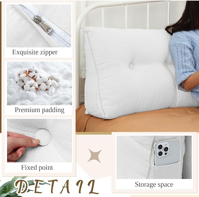 Wenqik Wedge Pillow Triangular Dorm Headboard Bed Rest Reading Backrest Back Support Long Bolster Pillow with Removable Cover for Dorm Room Supplies(White,Queen (59 x 20 x 8 Inch))