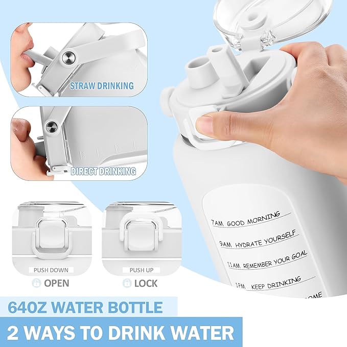 BLUEGO 64oz Insulated Water Bottle with Straw and Handle Leakproof Half Gallon Wide Mouth Motivational Water Bottle, 2-IN-1 Straw Spout Lid Stainless Steel Water Jug for Sport Travel Gym-White