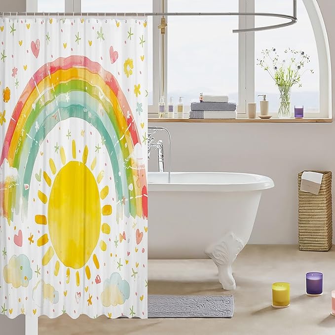 Feelyou Boys Girls Sun Bathroom Shower Curtain Set Rainbow Bath Curtain Colorful Shower Curtain Kids Cute Cartoon Teens Bathroom Accessories Room Decor 72"x72"