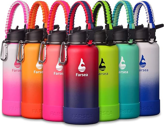 Farsea Insulated Water Bottle With Paracord Handle, Protective Silicone Boot and 2 Lids (Straw Lid & Spout Lid), Stainless Steel Water Bottle Wide Mouth, Double Wall Sweat-Proof BPA-Free, 32 oz