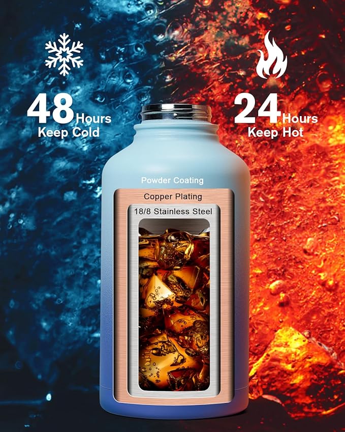 64oz Insulated Water Bottle,Half Gallon Water Flask Stainless Steel Vacuum, Cold for 48 Hrs,BPA-Free & Leakproof -with Paracord Handle, Strap,Straw Spout Lids,Large Jug for Gym Sports,Blue