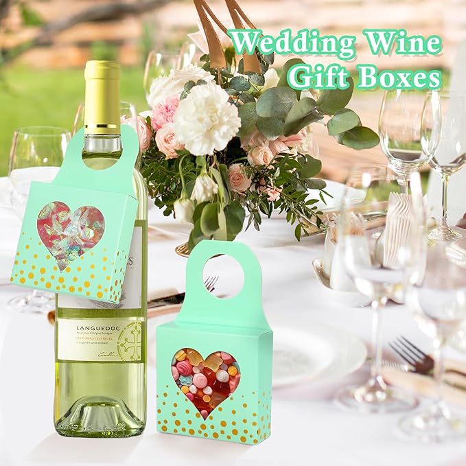 ISKYBOB 25 Pieces Wine Bottle Box with Window, Kraft Paper Wine Boxes for Gifts Hanging Wine Bottle Gift Box Foldable Wine Bottle Hanger Favor Box for Holding Candy Truffles Chocolate Cookies (Green)
