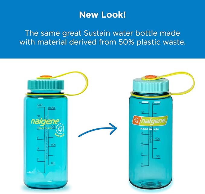 Nalgene Sustain Tritan BPA-Free Water Bottle Made with Material Derived From 50% Plastic Waste, 16 OZ, Wide Mouth, Cerulean Sustain