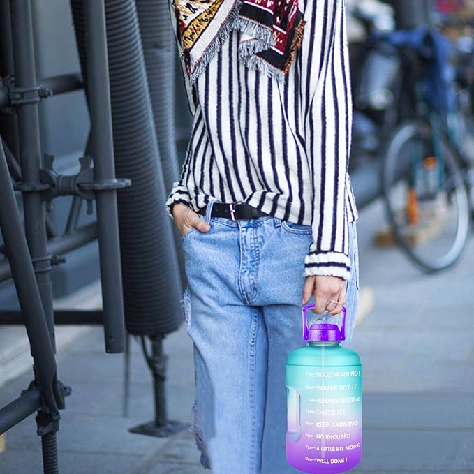 QuiFit Half Gallon Water Bottle - with Straw & Motivational Time Marker Leak-Proof BPA Free Reusable Gym Sports Outdoor Large(73OZ) Capacity Water Jug(Green/Purple Gradient,Half Gallon)