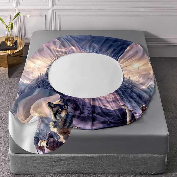 AILONEN Snow Wolf Fitted Sheet Set Twin Size, Winter Sunset Wildlife Wolf Bed Sheet Set for Boys Girls Adults,Safari Wolves Print Fitted Sheet with 2 Pillowcases,3 Pieces