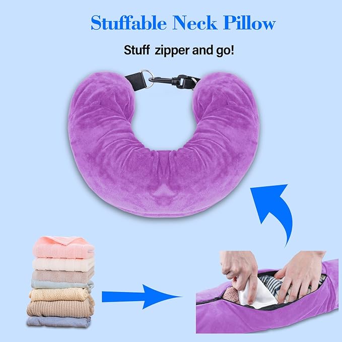 Travel Pillow You Stuff with Clothes, Stuffable Travel Pillow Transforms Into Extra Luggage Without Excess Fees, Stuffable Neck Pillow No Filler Fits 3+ Days of Travel Essentials Purple