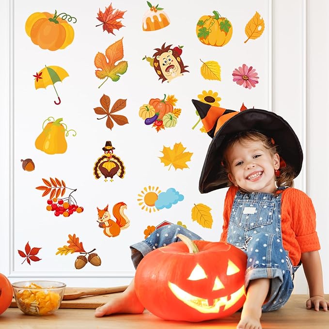 Fall Window Clings Autumn Maple Leaf Window Static Stickers Double-Sided Leaves Pumpkin Turkey Window Door Cling Removable Reusable Window Stickers Thanksgiving Party Window Door Decor