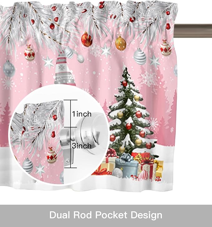 Christmas Gnome Valance Curtains for Kitchen Windows Winter Merry Christmas Tree Balls Rod Pocket Window Treatment Toppers for Kitchen/Living Room/Bedroom/Bathroom, 60" X 18", Pink
