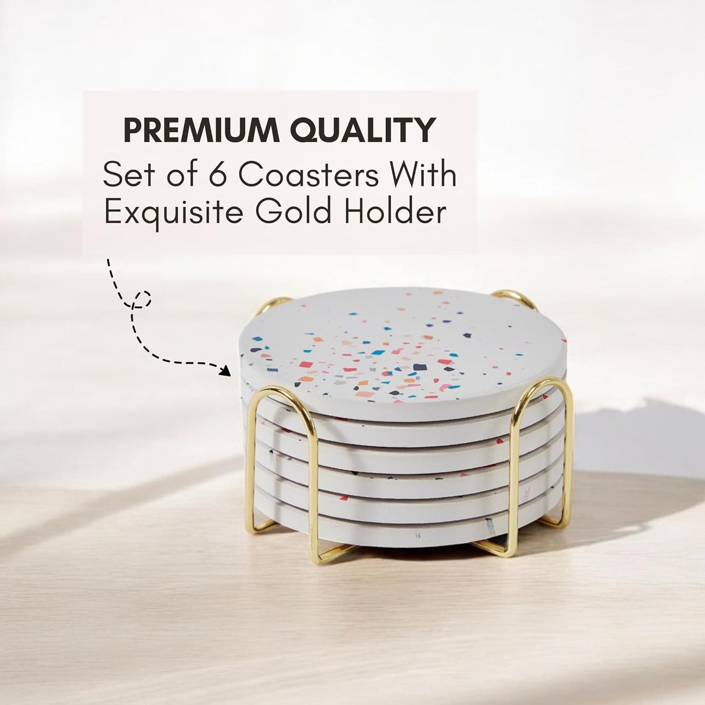 Terrazzo Drink Absorbent Coasters with Holder Set of 6, Ceramic Coaster for Drinks, Coffee Table Decor, Water Absorbing Stone Coaster for Drinks (Color Burst)