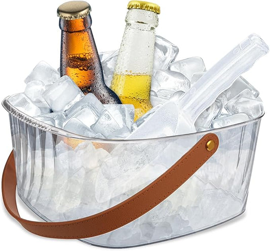 Ice Bucket for Parties, Ice Bucket Bar Beer 6L, Clear Plastic Champagne Bucket with Leather Carrying Handle, Square Ice Bucket with Scoop for Cocktail Bar, Parties, Drinks, Wine, Beer Bottles