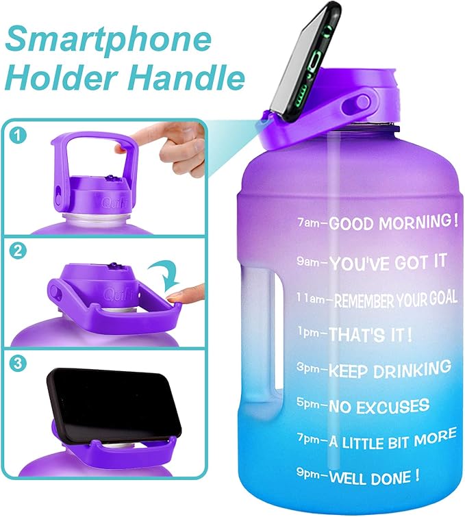 QuiFit Half Gallon Water Bottle - with Straw & Motivational Time Marker Leak-Proof BPA Free Reusable Gym Sports Outdoor Large(73OZ) Capacity Water Jug(Purple/Blue Gradient,Half Gallon)