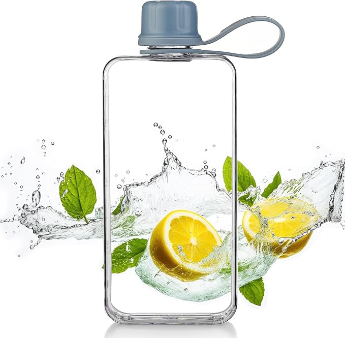 Tritan Transparent Flat Water Bottle samll Water Bottle Slim Square Pocket Bottle Water Flask, BPA Free/Slim Design/Leak Proof Water Bottle for Travel, Outdoor, Sports (Light Blue, 400ML)